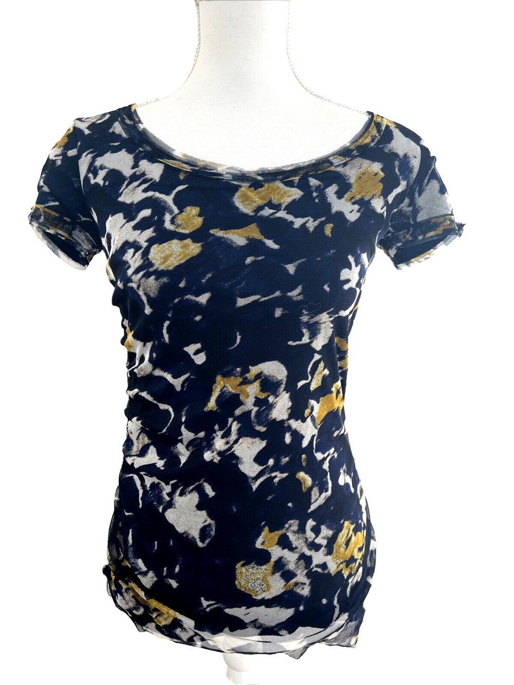 DKNY Blouse XS Blue Floral Mesh Overlay Boat Neck Short Sleeve Slimming Romantic
